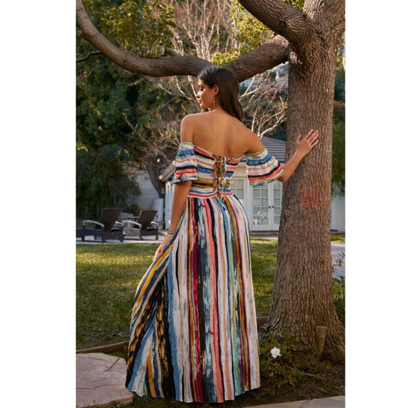 🥳HP🥳 Last 1 Aqua Stripe Off-Shoulder Maxi Dress - Picture 4 of 4
